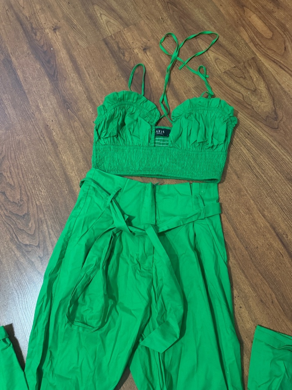 AKIRA Emerald Green Smocked Bandeau Crop & High-Waist Pants Set